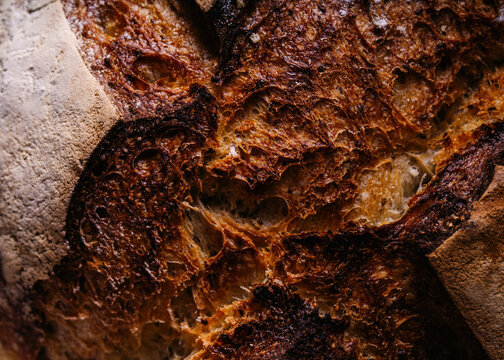 Top view close up of delicious bread with crust placed on wooden table in bakery