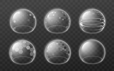 Bubble shields, energy glowing transparent force fields a vector illustrations