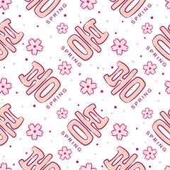 Seamless pattern of hand drawn sakura flowers and Korean spring logo. Pink blooming flowers in cartoon style. Translation: Spring. Vector illustration for Korea.