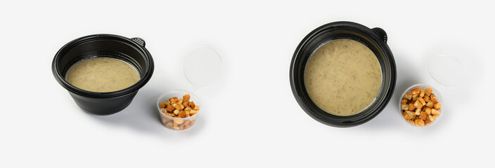 onion soup with croutons on a white background in a delivery service container