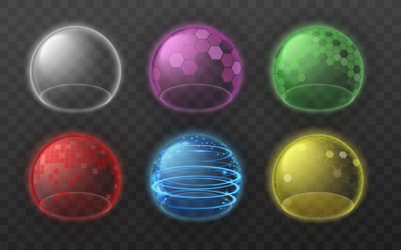 Set of color bubble shields, force fields or energy glowing transparent spheres.