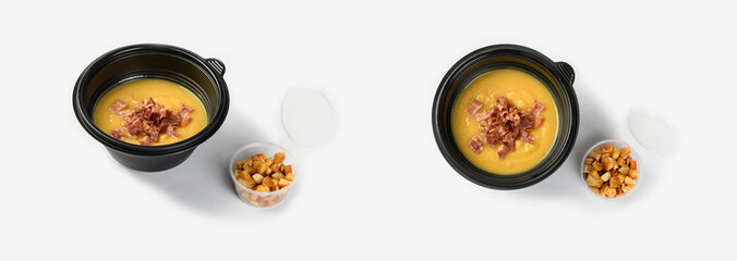 pea soup with croutons on a white background in a container for a delivery service
