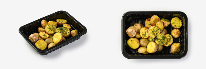 Potato wedges roasted in their skin. Golden and crispy. in a food delivery service container
