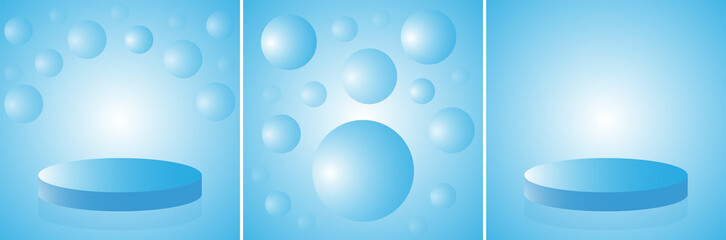 Collection of vector backgrounds in white-blue tones. Podium for product presentation and abstract spheres. Minimal style.