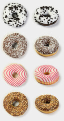 Colorful delicious donuts on white background