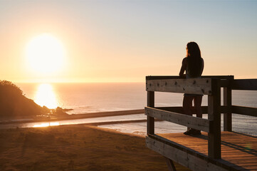 Full body side view of female tourist standing on wooden terrace and admiring picturesque scenery of endless sea at sunset