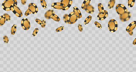 Falling golden with black poker chips, tokens on transparent background. Vector illustration for casino, game design, flyer, poster, banner, web, advertising.