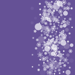 Winter frame with ultra violet snowflakes. New Year frosty backdrop. Snow border for gift coupons, vouchers, ads, party events. Christmas trendy background. Holiday banner with winter frame