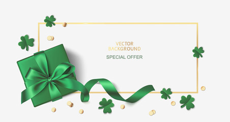 St Patrick's day sale design template. Green gift box with clover leaves and golden coin confetti on white background. Realistic holiday elements. Vector stock illustration. - 419457344
