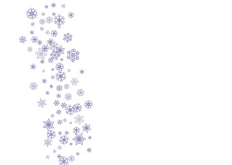 Winter border with ultra violet snowflakes. Snow frame for flyer, gift card, party invite, retail offer and ad. Christmas trendy background. Holiday winter border. New Year snowy backdrop