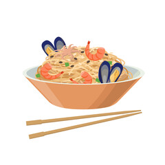 Soy noodles with seafood, mussels ans shrimps. Soybean product - vector illustration isolated on white background.