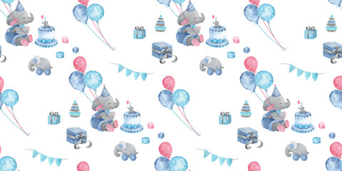 watercolor seamless pattern birthday baby elephant with balloons