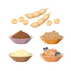 Kinako, miso, soy meat, tofu, soy pasta with seafood, soy beans. Soybean products - vector illustration isolated on white background.