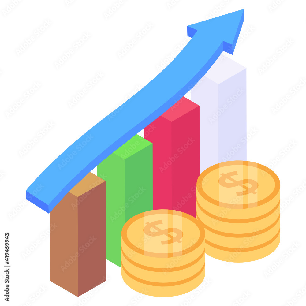 Wall mural coins with graph denoting isometric icon of money growth