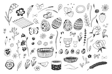 Easter eggs and objects  vector hand drawn illustrations set