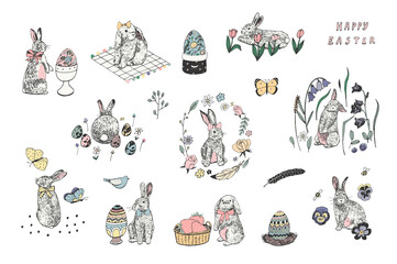Easter rabbits vector hand drawn illustrations set