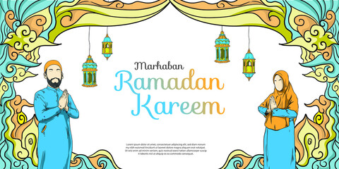Ramadan Kareem with Hand drawn Islamic Illustration ornament on White Background

