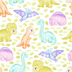 watercolor baby dinosaurs seamless patter non white green background. cute animal print for fabric, textile, wrapping, scrapbook