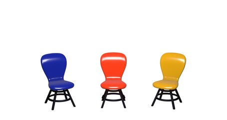 横に並んだシンプルな3色の椅子　3DCGインテリア　鮮やか