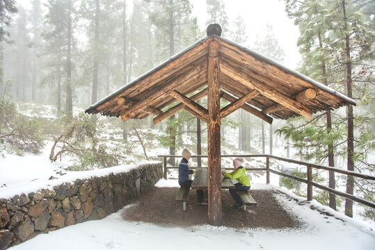 Side view unrecognizable female and girl wearing warm clothes sitting at table in wooden alcove and chatting while spending peaceful winter day in snowy woodland