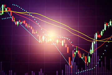 Stock market data on digital LED display. Fundamental and technical analysis with candle stick graph chart of stock market trading to represent about Bullish and Bearish point.