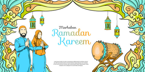 Ramadan Kareem with Hand drawn Islamic Illustration ornament on White Background
