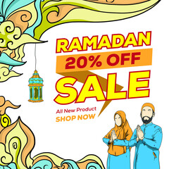 Ramadan Sale with Hand drawn Islamic Illustration ornament on White Background