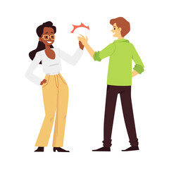 Friendly people laughing giving high five, flat vector illustration isolated.