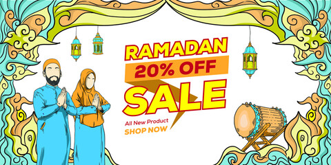 Ramadan Sale with Hand drawn Islamic Illustration ornament on White Background
