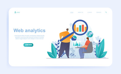 Male and female characters working on web analytics together. Business colleagues studying charts in office with magnifier. Website, web page, landing page template. Flat cartoon vector illustration