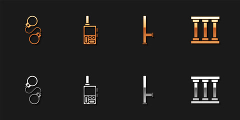 Set Handcuffs, Walkie talkie, Police rubber baton and Prison window icon. Vector.