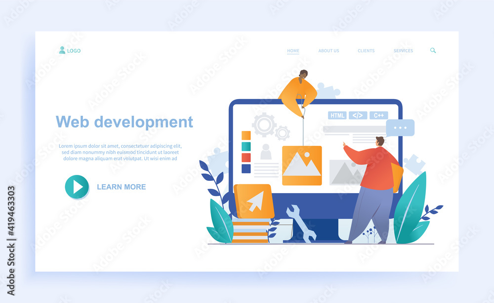 Poster two male characters are working on web development together. two developers are creating website for