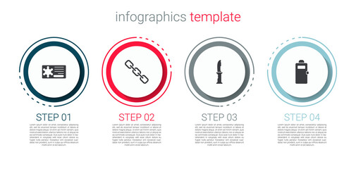 Set Police badge, Chain link, Military knife and assault shield. Business infographic template. Vector.