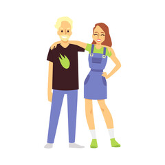 Friendly man and woman colleagues by work flat vector illustration isolated.