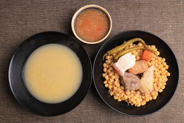 Madrilenian stew dish with soup and meat (cooked)