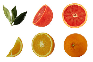 Set of citrus fruits isolated on a white background. Close-up. Orange. Grapefruit. Orange leaves.