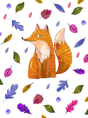 Watercolor postcard with a cute fox, what to sits and falling leaves around it. Hand drew an illustration on a white background with a fox. Hello.