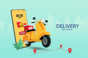 Fast delivery by scooter on mobile. E-commerce concept. Online food order infographic. app design. blue and city background