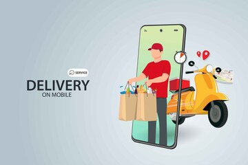 delivery food boy handing package food with seeing customer location map on mobile phone. food ordering and delivery concept with yellow scooter. Website banner. flat design vector illustration.