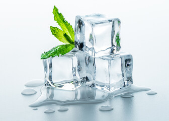 Melting Ice cubes with fresh mint leaves. Frozen water in shape of cubes. White light blue background.