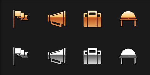 Set Location marker, Megaphone, Police assault shield and Military helmet icon. Vector.