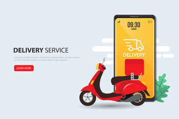Fast delivery by scooter on mobile. E-commerce concept. Online food order infographic. Webpage, app design. Blue background. Perspective vector