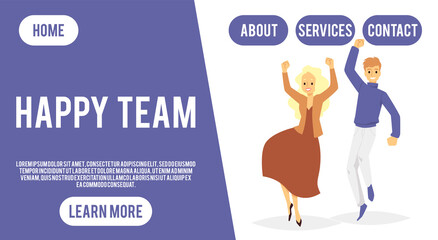 Happy team concept of website interface with people, flat vector illustration.