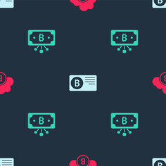 Set Cryptocurrency cloud mining, Credit card with bitcoin and Bitcoin circuit on seamless pattern. Vector.