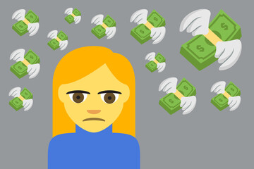 frowning woman and money with wings on gray background,concept vector illustration