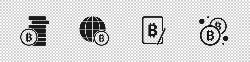 Set Bitcoin, Globe, Mining bitcoin from tablet and icon. Vector.