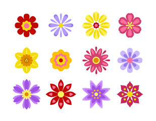 Set of cute flowers icons isolated on white background. Collection of vector flat illustrations for  festive, childish design.