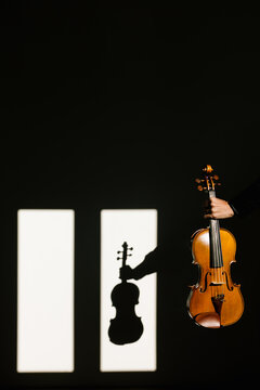 Crop unrecognizable musician in silk black shirt holding modern acoustic violin in outstretched hand in dark room against window on sunny day