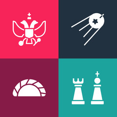 Set pop art Chess, Dumpling, Satellite and National emblem of Russia icon. Vector.