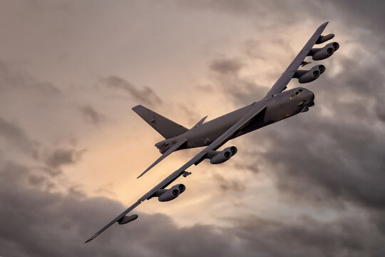 Boeing B52 nuclear long range heavy bomber with dramatic sky. United states air force eight engines B-52 stratofortress